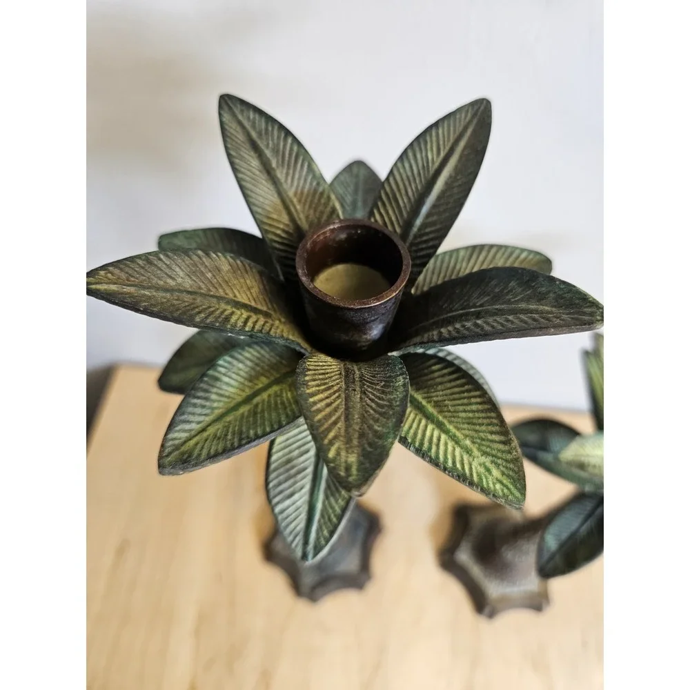 Vintage Metal Palm Tree Candle Holders Set of 2 Tropical Coastal Tiki Decor